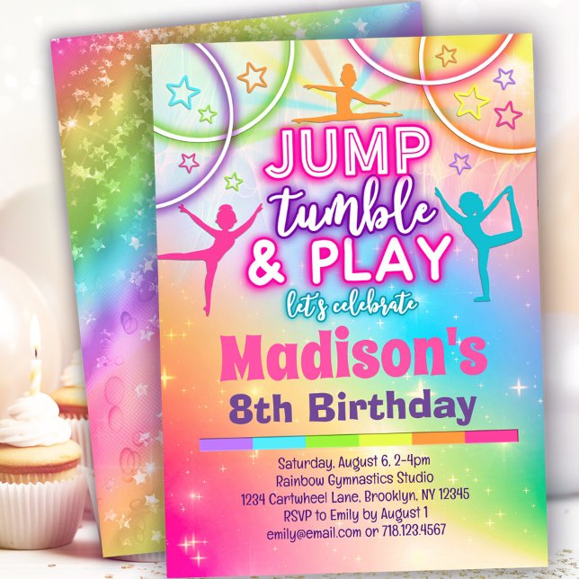 Jump Tumble & Play Rainbow Gymnastics Birthday Invitation (Creator Uploaded)
