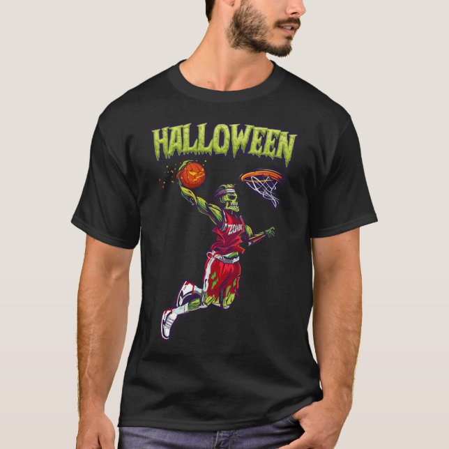 Jump Zombie Basketball Dunk Player Halloween Pumpk T-Shirt (Front)