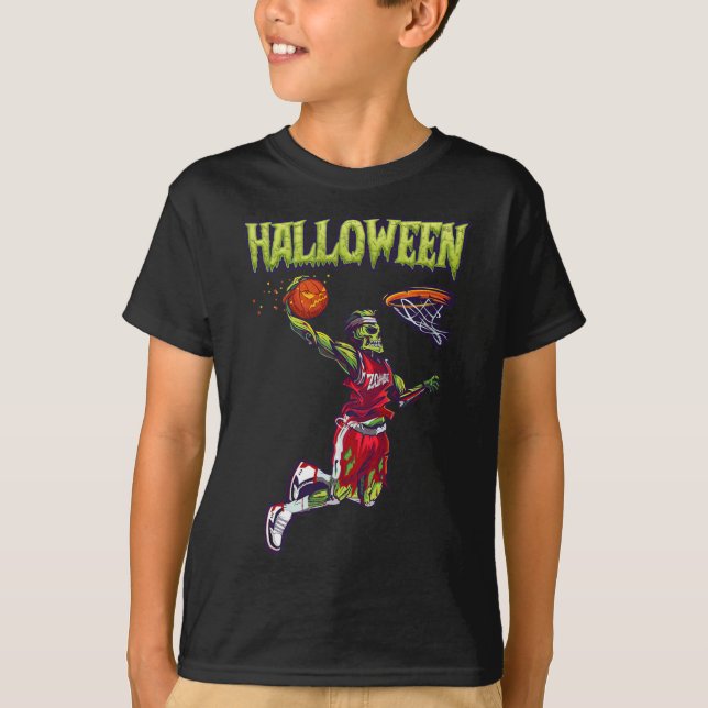 Jump Zombie Basketball Dunk Player Halloween Pumpk T-Shirt (Front)