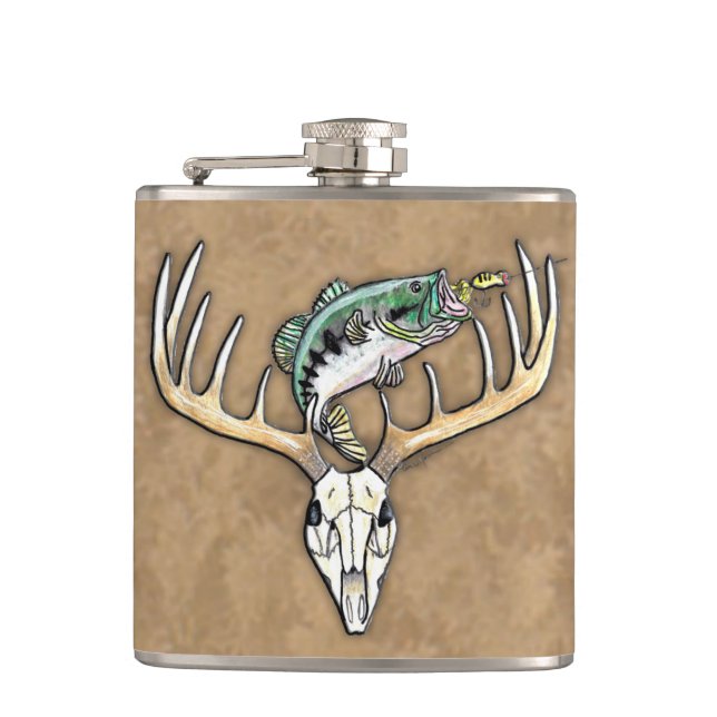 Jumping Bass Big Rack Deer Horns Drinking Hip Flask (Front)