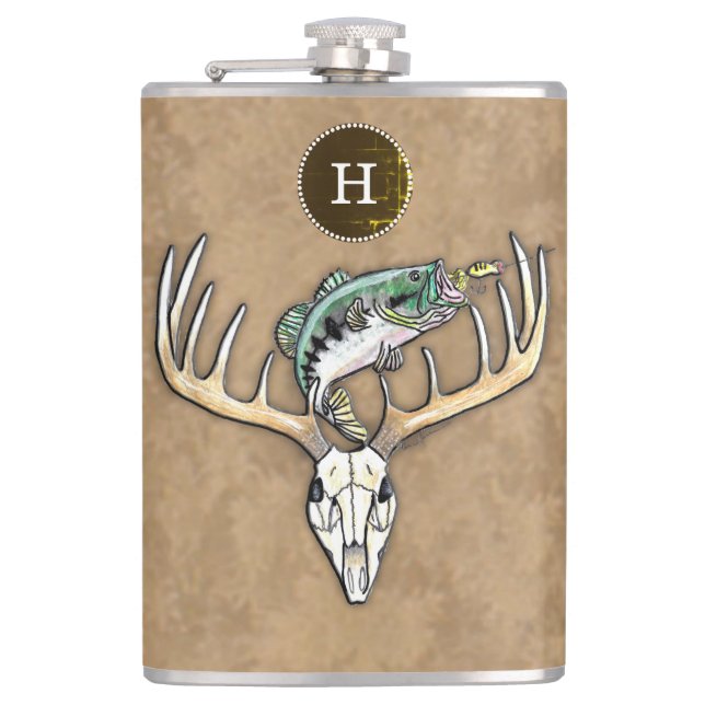 Jumping Bass Large Rack Deer Skull Hip Flask (Front)