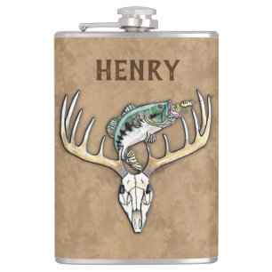 Jumping Bass Large Rack Deer Skull Hip Flask