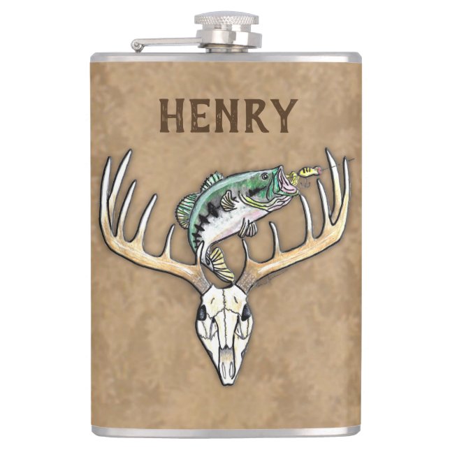Jumping Bass Large Rack Deer Skull Hip Flask (Front)