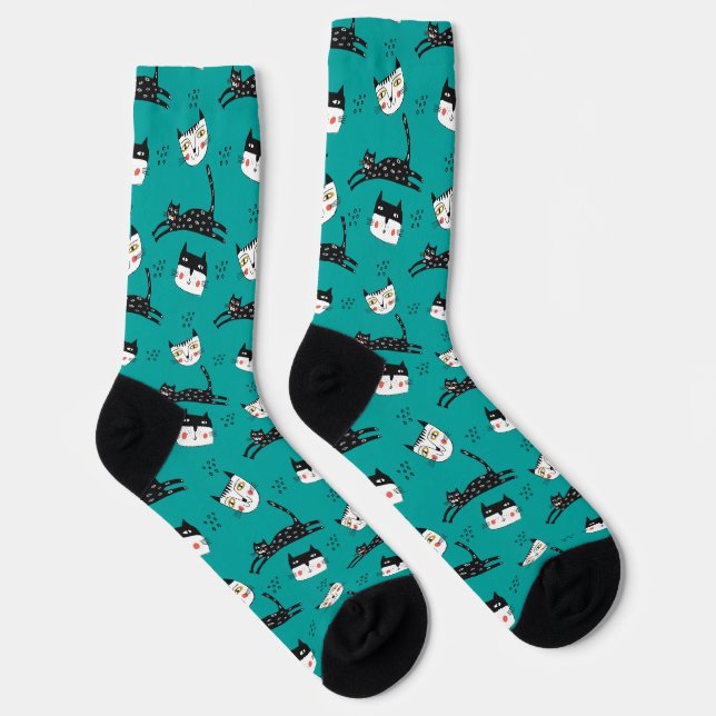 Jumping Cats and Faces on Teal Socks (Right)