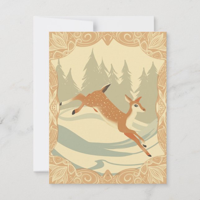 Jumping Deer in a snowy forest scene Holiday Card (Front)