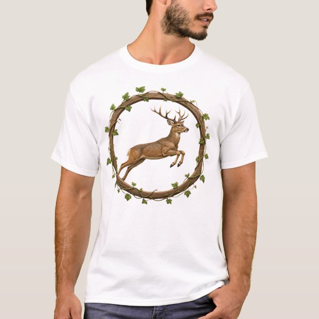 Jumping Deer Vine Circle T-Shirt (Front)