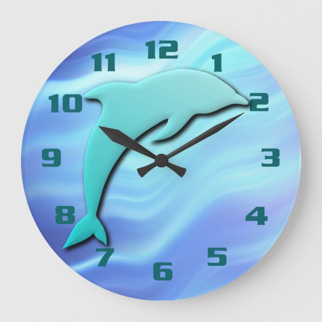 Jumping Dolphin 3D effect Cool Blue Large Clock (Front)
