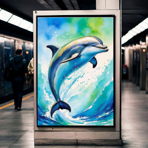 Jumping Dolphin Ocean Waves Watercolor Poster 