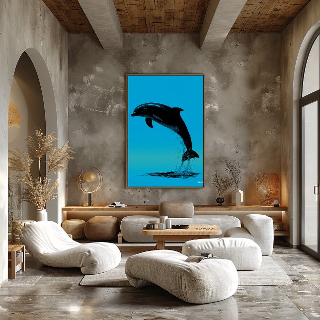 Jumping Dolphin Poster – Black Silhouette on Blue (Creator Uploaded)