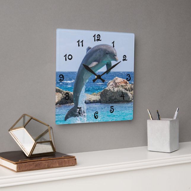 Jumping Dolphin Square Wall Clock (Office)
