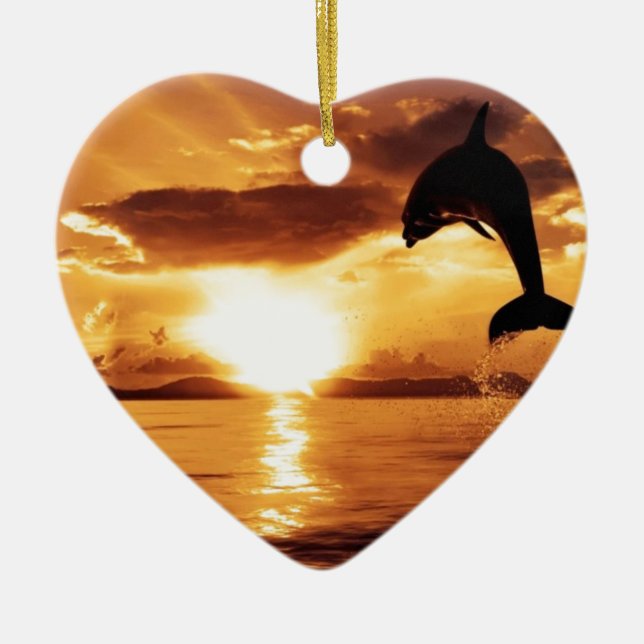 jumping dolphin with beautiful sunset over the sea ceramic tree decoration (Front)