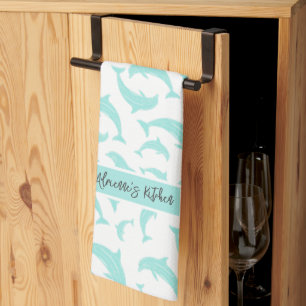 Jumping Dolphins Aqua Personalised Tea Towel