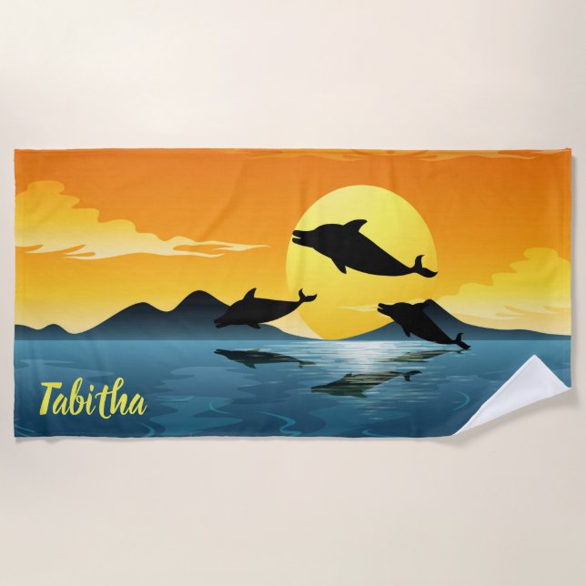 Jumping Dolphins at Sunset  Beach Towel (Front)