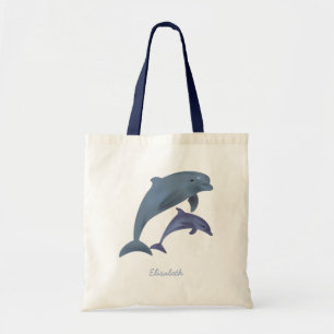 Jumping dolphins illustration name tote bag