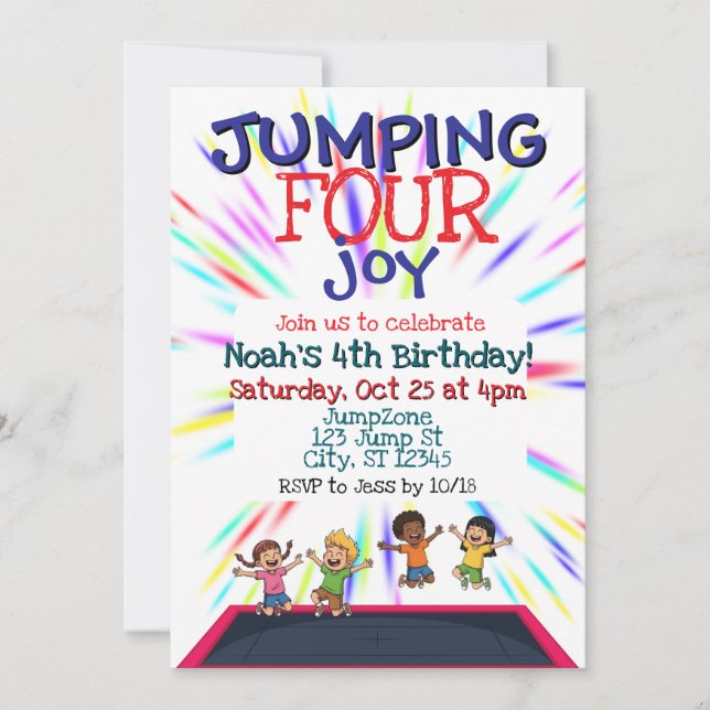 Jumping FOUR Joy, Trampoline 4th Birthday  Invitation (Front)