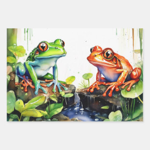 Jumping Frogs in Watercolor Rainforest Wrapping Paper Sheet