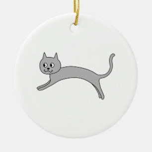 Jumping Grey Cat. Ceramic Tree Decoration