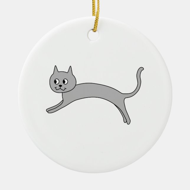 Jumping Grey Cat. Ceramic Tree Decoration (Front)