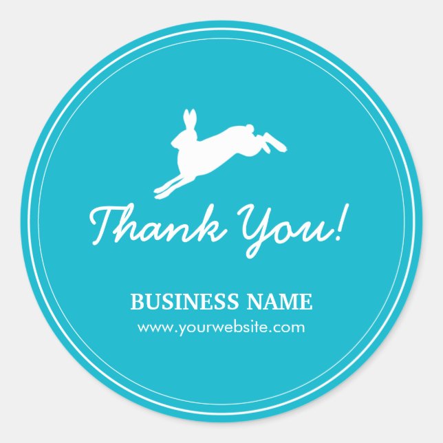 Jumping Hare Teal Blue Business Thank You Stickers (Front)