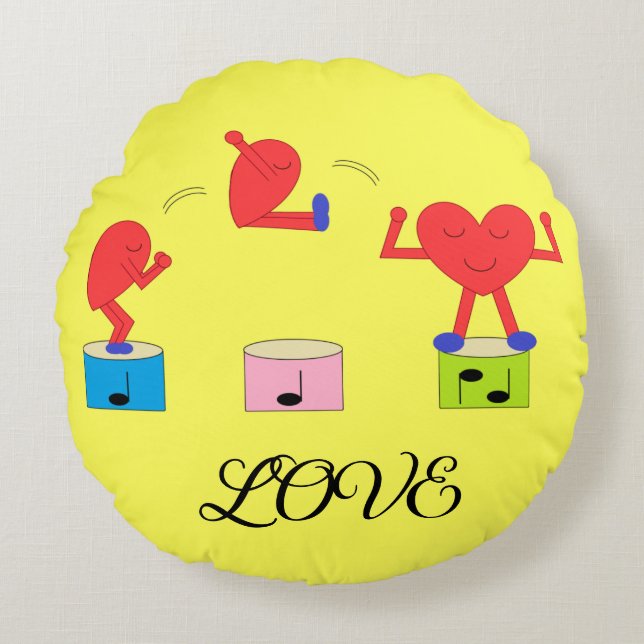 Jumping Heart in Love:  Yellow Round Cushion (Front)