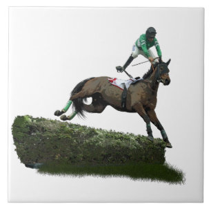 Jumping Horse Jockey In Green Ceramic Tile