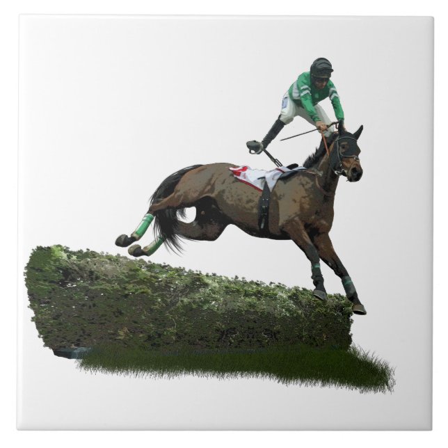 Jumping Horse Jockey In Green Ceramic Tile (Front)