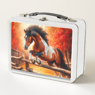 Jumping Horse Striking Autumn Forest Scene Metal Lunch Box