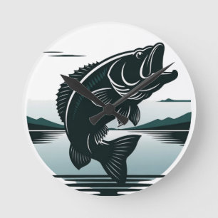 Jumping Largemouth Bass Fishing Minimalist Round Clock