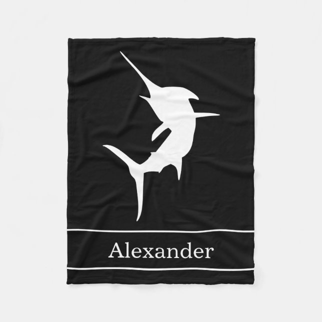 Jumping Marlin Silhouette On Black With Name Fleece Blanket (Front)