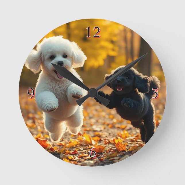 Jumping Poodle Puppies Round Clock (Front)