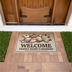 Jumping rabbit with customisable family name  doormat