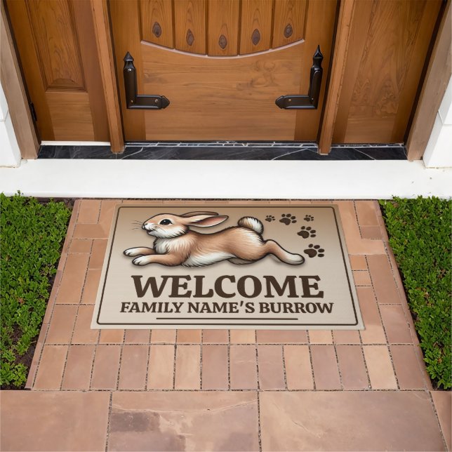 Jumping rabbit with customisable family name  doormat (Outdoor)