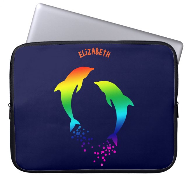 Jumping Rainbow Dolphins With Bubbles Laptop Sleeve (Front)