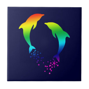 Jumping Rainbow Dolphins With Bubbles Tile