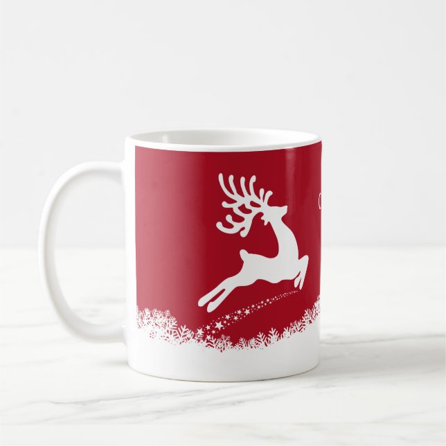 Jumping Reindeer custom name mugs (Left)