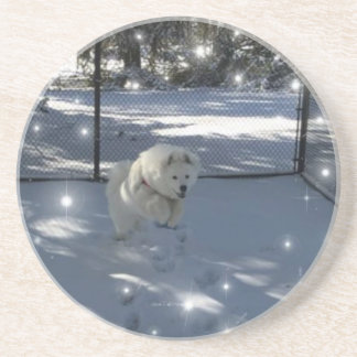Jumping Samoyed in snow coaster
