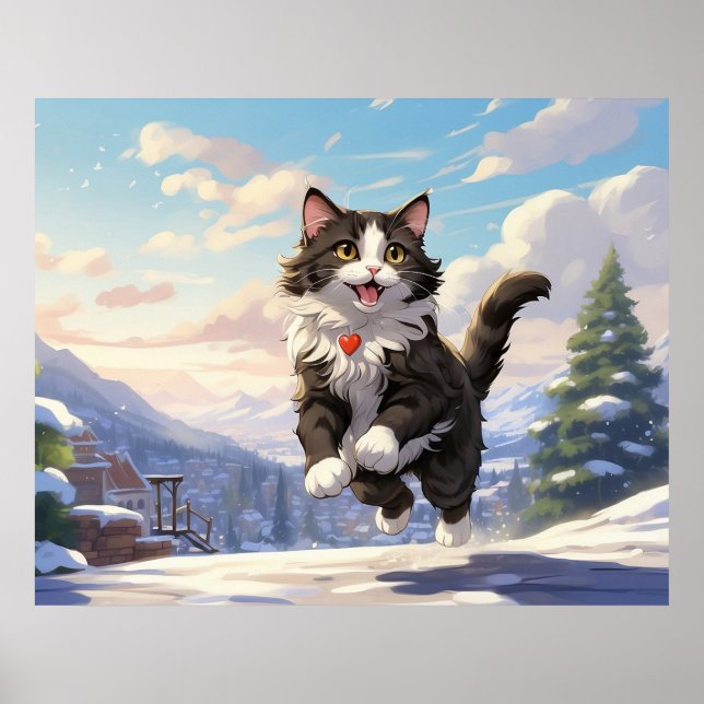 *~* Jumping Snow Kitty 5:4  Kitten Cat AP68 Tuxedo Poster (Front)
