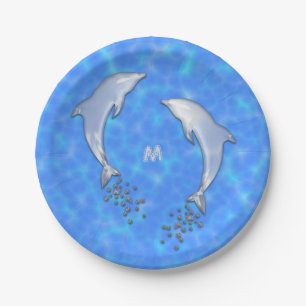 Jumping Sparkling Blue Dolphin With Monogram Paper Plate