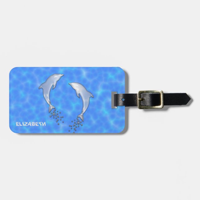 Jumping Sparkling Blue Dolphins With Bubbles Luggage Tag (Front Horizontal)