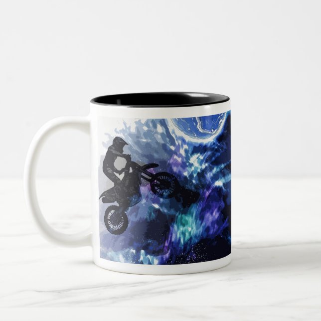 Jumping through Space - Motocross Rider Two-Tone Coffee Mug (Left)