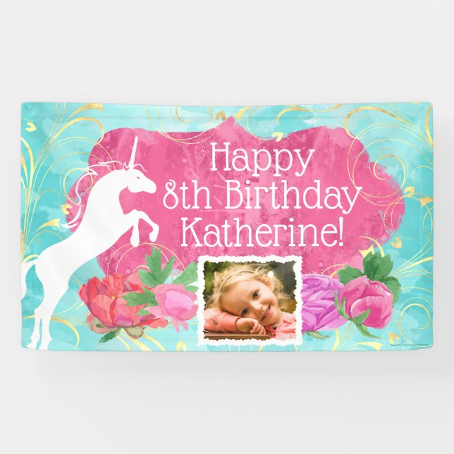 Jumping Unicorn Bright Girls Birthday Banner (Horizontal)