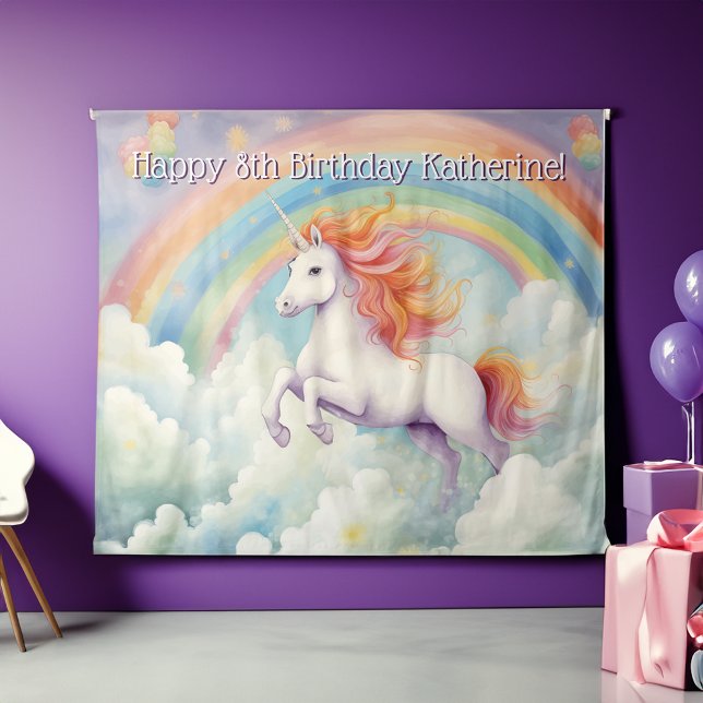 Jumping Unicorn Rainbow Girls Birthday Backdrop Tapestry (rainbow unicorn girls birthday party backdrop for photo booth)