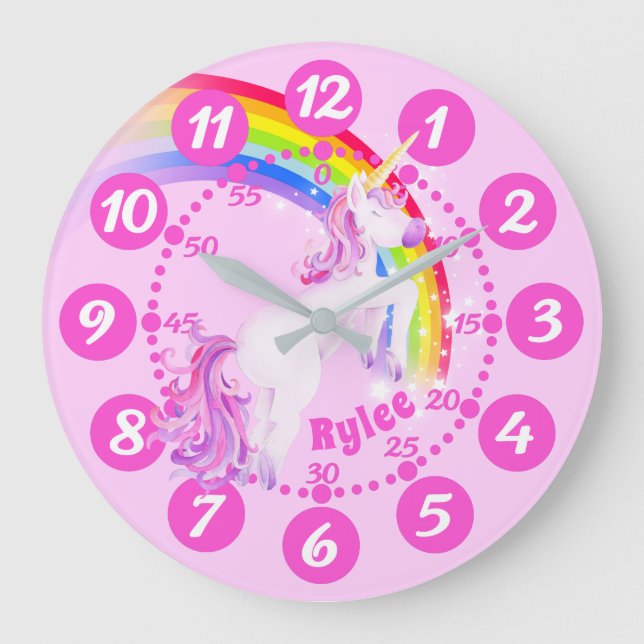 Jumping unicorn rainbow purple pink art kids clock (Front)
