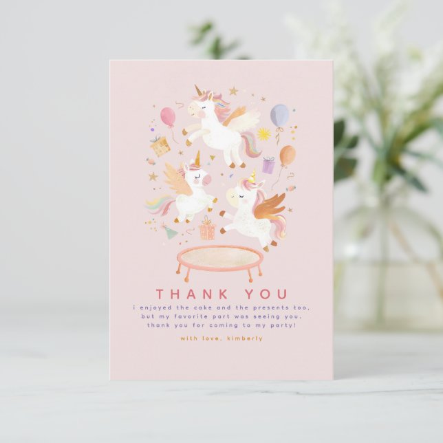 Jumping Unicorns Pink Birthday Party Thank You Card (Standing Front)