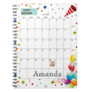 June 2022 Calendar Happy Birthday Notebook