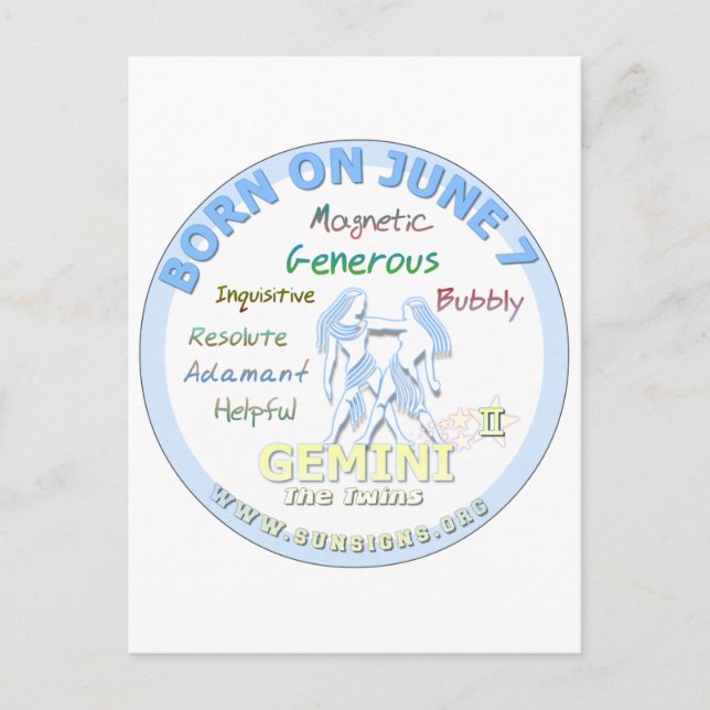 June 7th Birthday - Gemini Postcard (Front)