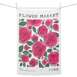 June Birth Flower Market Pink Rose Floral Print Tea Towel