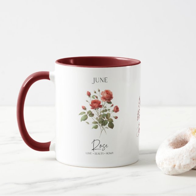 June Birth Month Flower Red Rose Birthday Gift Mug (With Donut)