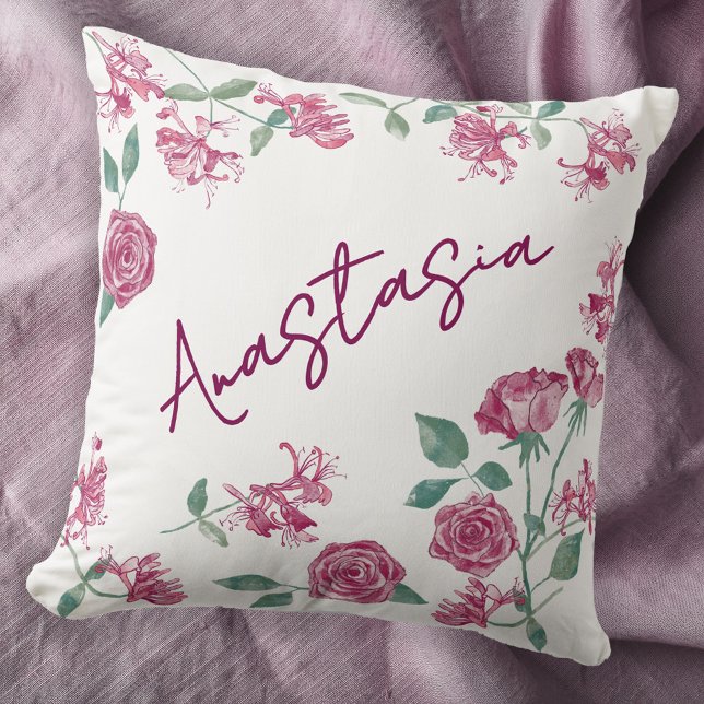 June Birth Month Honeysuckle Rose Personalized Cushion (June birthday personalized custom name birth month flower watercolor honeysuckle rose throw pillow)