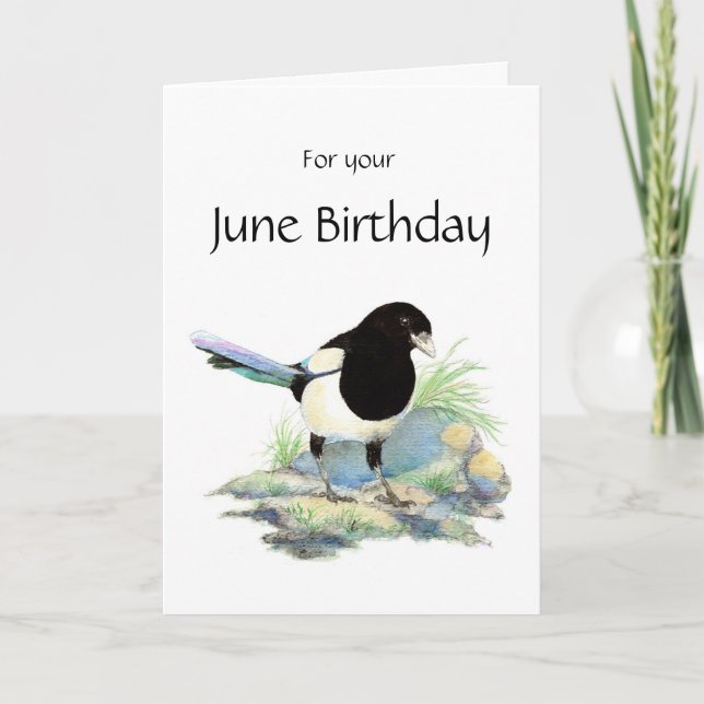 June Birthday, Magpie  - Watercolor Bird Card (Front)
